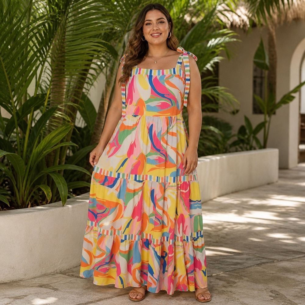 Flying Tomato Tea Party Woven Maxi Dress Womens L Rainbow Tie Shoulder Tiered